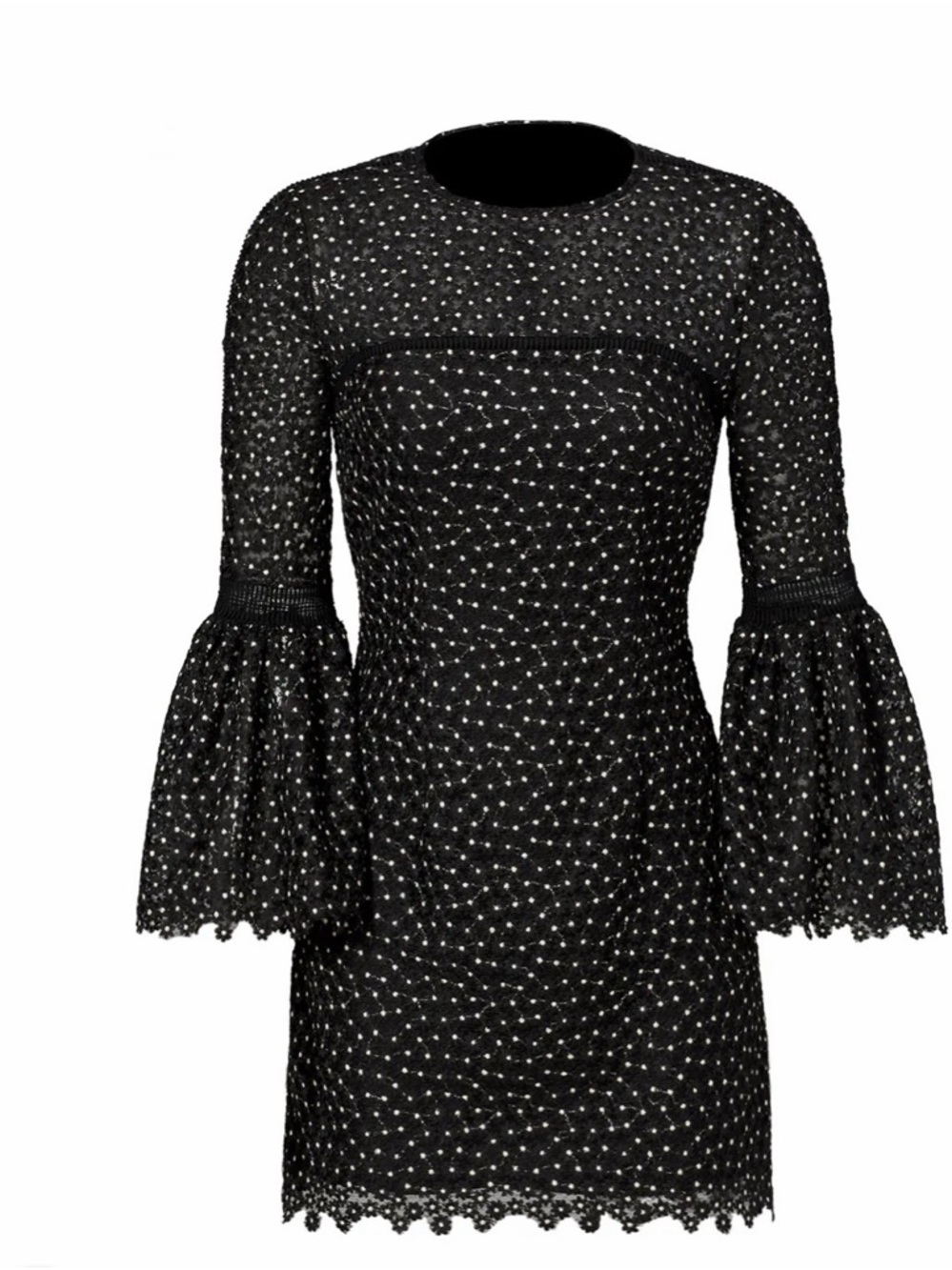 Cynthia Rowley Black Lace Bell-Sleeve Mini Dress with Dot Detail